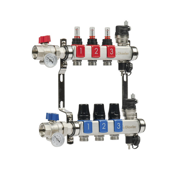 Коллекторная группа 3 отвода 1"*3/4"(18) ЕК с расходомерами Okseler (нерж.ст) с автоматическими воздухоотводчикоми и шаровыми кранами с термометрами (