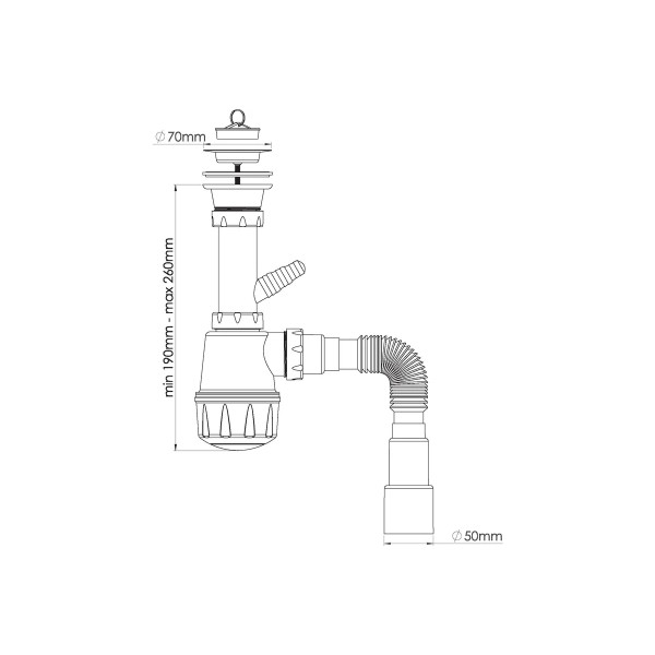 Сифон 40 мм бутылочный Nova 1 1/2"х70 мм с 1-им отв. и гибкой трубой 1 1/2"х40/50 (1061)