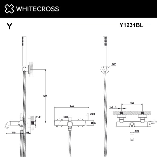 Смеситель для ванны и душа с душевым комплектом Whitecross Y черный мат (Y1231BL)