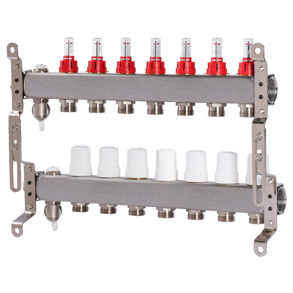 Коллекторная группа 7 отводов 1"*3/4"(18) ЕК с расходомерами Okseler (нерж.ст) с дренажным краном и краном Маевского (Oks00317)