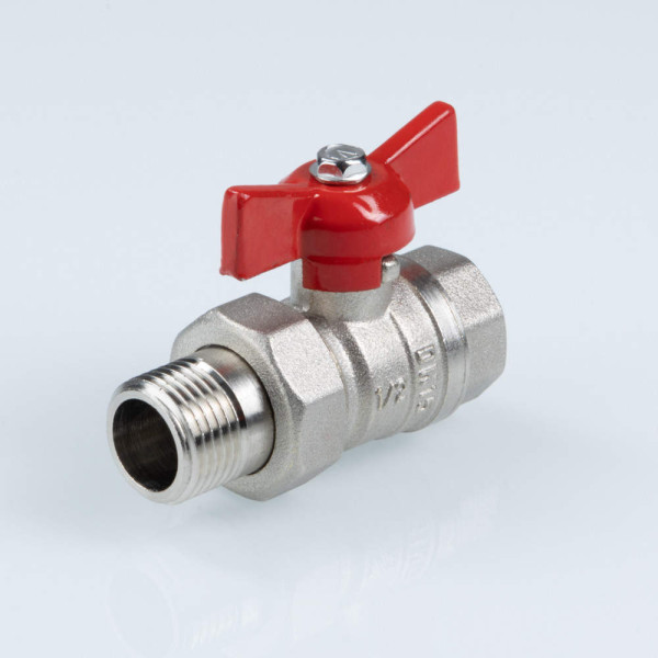 Кран 1" шаровый со сгоном Valtec Стандарт никелированный (ГОСТ, красная бабочка) VT.127.N.06