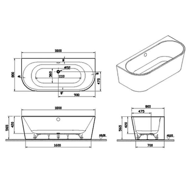 Ванна акриловая Vitra Geo 180х80 белая (65420006000)