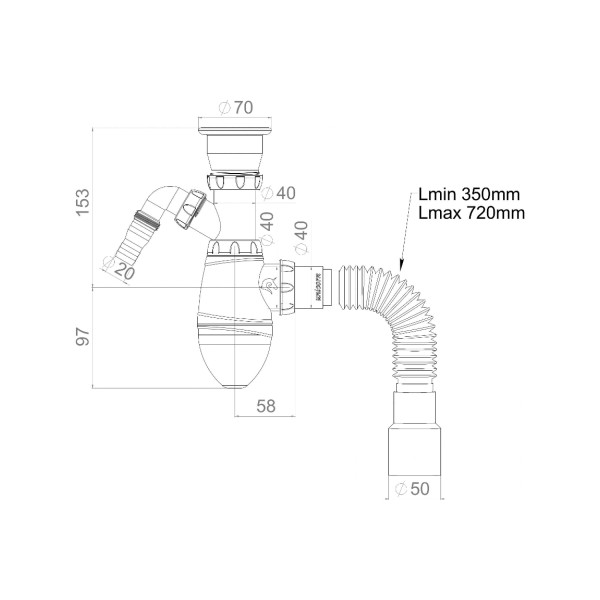 Сифон для раковины 1 1/2"x40 с прикрученным выпуском, под стиральную машину, гибкий отвод 40x40/50 Unicorn A320V