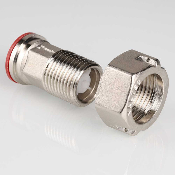 Сгон с накидной гайкой и обратным клапаном 1/2"*3/4" Valtec (никель) (VTr.612.N.0004) Сгон с накидной гайкой и обратным клапаном 1/2"*3/4" Valtec (никель) (VTr.612.N.0004)