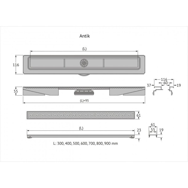 Желоб Berges водосток В1 Antik 900, хром глянец, S-сифон D50/105 H50 вертикальный (091027)