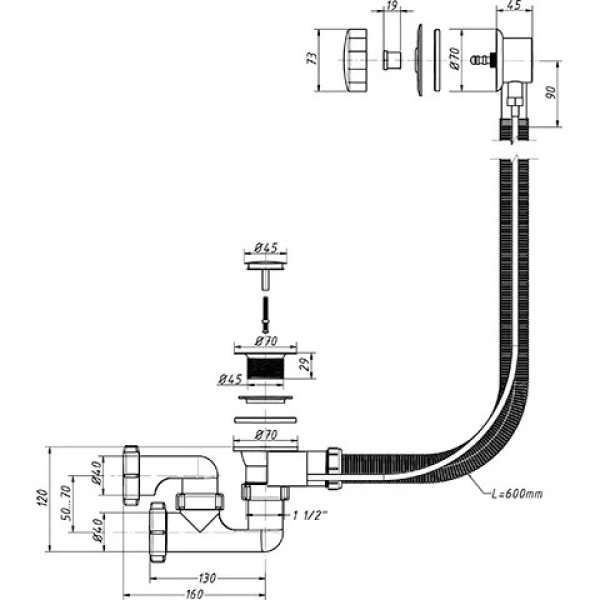 Обвязка для ванны полуавтомат 1 1/2"x40 с переливом, регулируемый Орио (А-2708) Обвязка для ванны полуавтомат 1 1/2"x40 с переливом, регулируемый Орио (А-2708)
