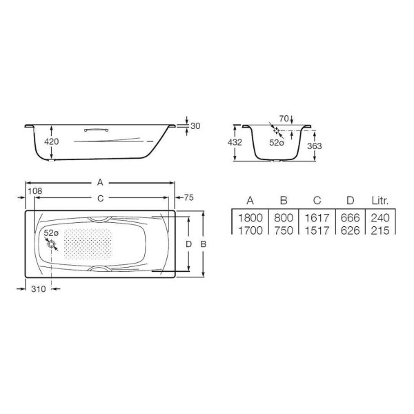 Ванна стальная Roca Swing 180x80 с отв. под ручки и антискользящим покрытием (2200E0000)