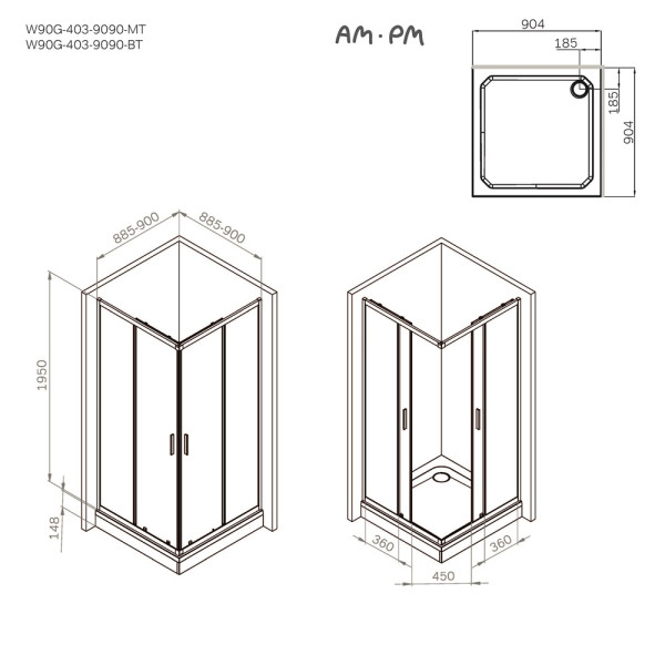 Душевой уголок AM.PM Gem 90x90x195 стекло прозрачное, профиль черный матовый (W90G-403-9090BT) Душевой уголок AM.PM Gem 90x90x195 стекло прозрачное, профиль черный матовый (W90G-403-9090BT)