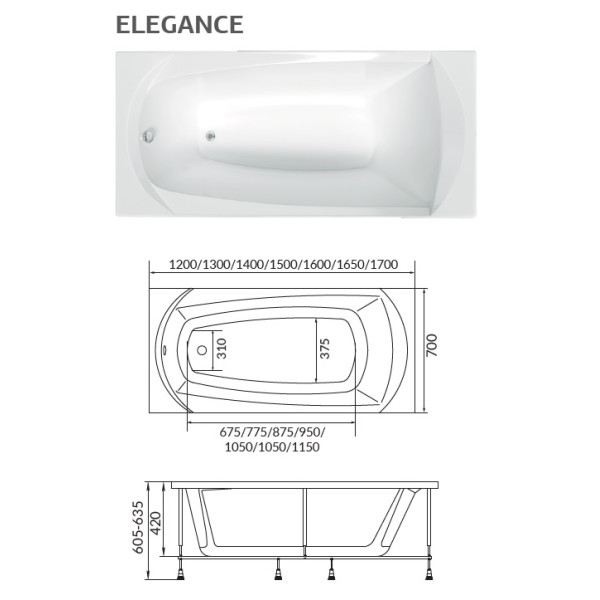 Ванна акриловая 1MarKa Elegance 170*70 без гидромассажа