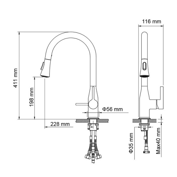 Смеситель для кухни Timo Saona черный, с выдвижным изливом (2336/03FL)
