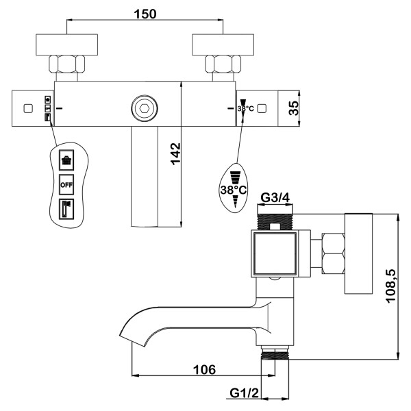 Смеситель для ванны и душа Swedbe Hermes термостат, с повортн.изливом и верхним подключением хром (9043)