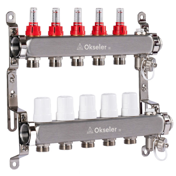 Коллекторная группа 5 отводов 1"*3/4"(18) ЕК с расходомерами Okseler (нерж.ст) с дренажным краном и краном Маевского (Oks00315)