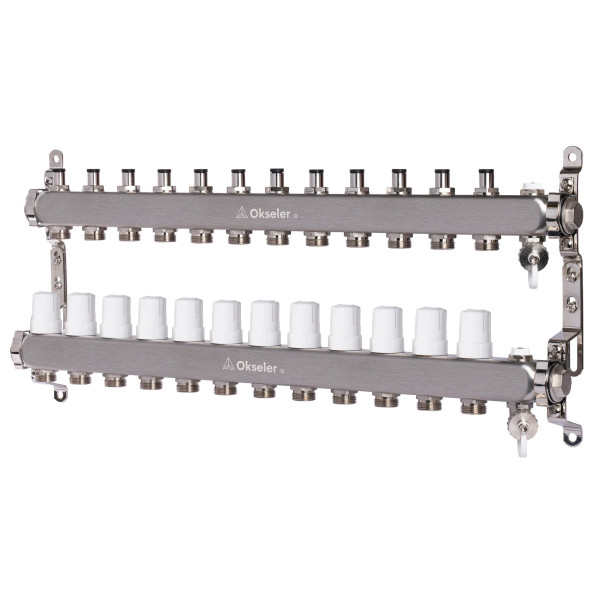 Коллекторная группа 12 отводов 1"*3/4"(18) ЕК с регулировочными клапанами Okseler (нерж.ст) с дренажным краном и краном Маевского (Oks00311)