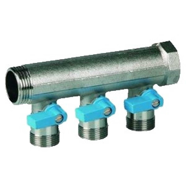 Коллектор 3 отв. с шаровыми кранами 3/4"х3/4"НР под евроконус, Henco синие ручки (VB050503-BLAUW)