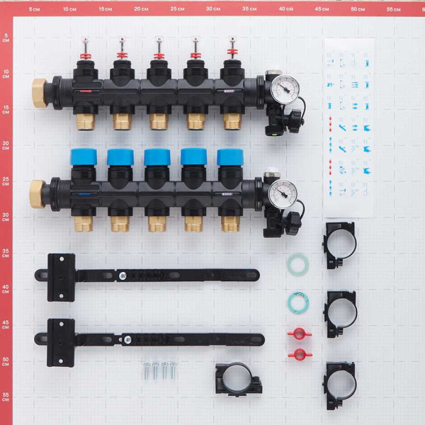 Коллекторная группа 5 отводов 1" с расходомерами и термометрами Henco (композит) (UFH-0605MDK05-03L)