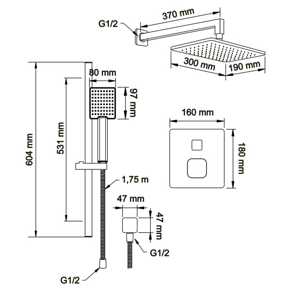 Система душевая Swedbe Platta встраиваемая на 2 выхода хром (5558)