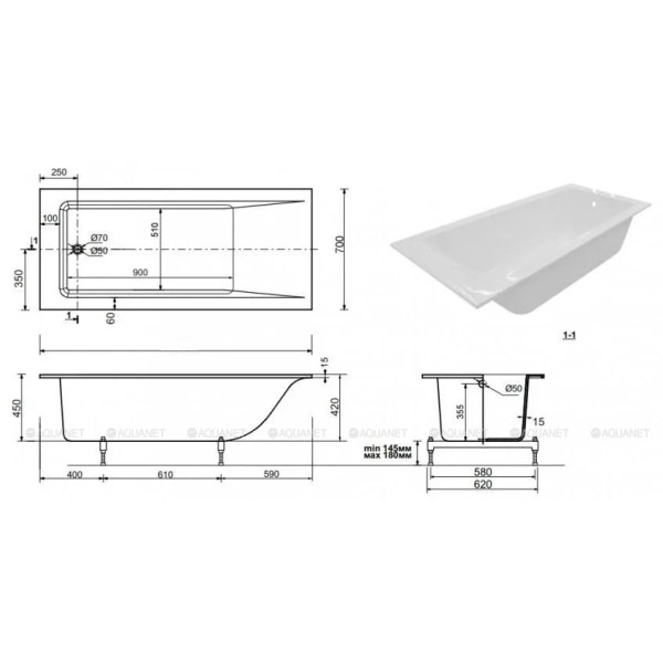 Ванна из искусственного камня Aquanet Bright Stone Slim 170х70 (тонкий бортик) белая (351315)