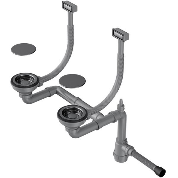 Сифон для двухчашевых моек Omoikiri с прямоугольными переливами, декоративными решетками и декоративными накладками WK-2C-GM вороненая сталь (4956498)