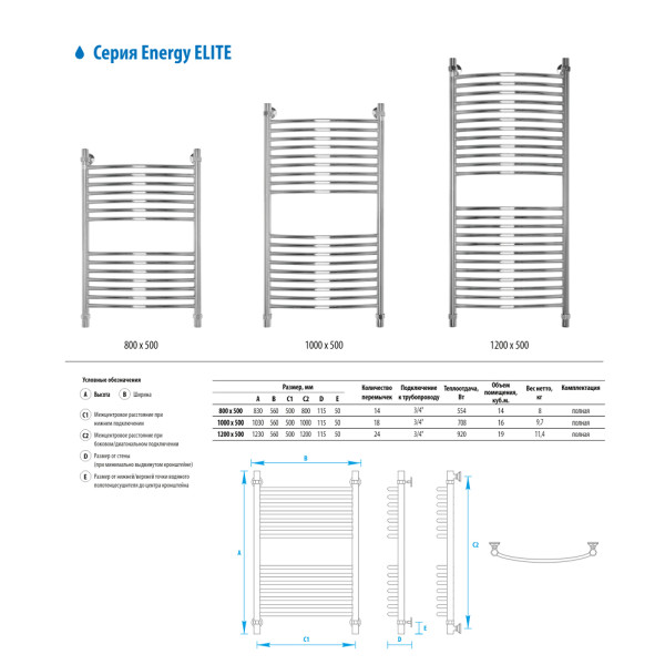 Полотенцесушитель водяной Energy Elite 1200x500