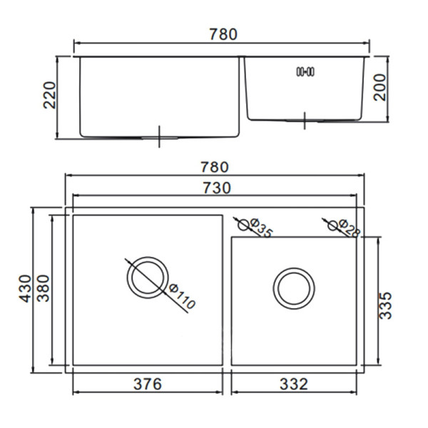 Мойка для кухни врезная двойная Gerhans 78x43x22 графит нерж. сталь 3 мм сифон (K37843B-S)
