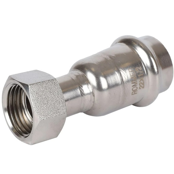 Переход 22х1/2"B с накидной гайкой Rommer из нержавеющей стали (пресс) (RSS-0026-002212) Переход 22х1/2"B с накидной гайкой Rommer из нержавеющей стали (пресс) (RSS-0026-002212)