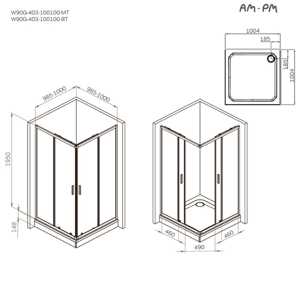 Душевой уголок AM.PM Gem 100x100x195 стекло прозрачное, профиль черный матовый (W90G-403-100100-BT) Душевой уголок AM.PM Gem 100x100x195 стекло прозрачное, профиль черный матовый (W90G-403-100100-BT)