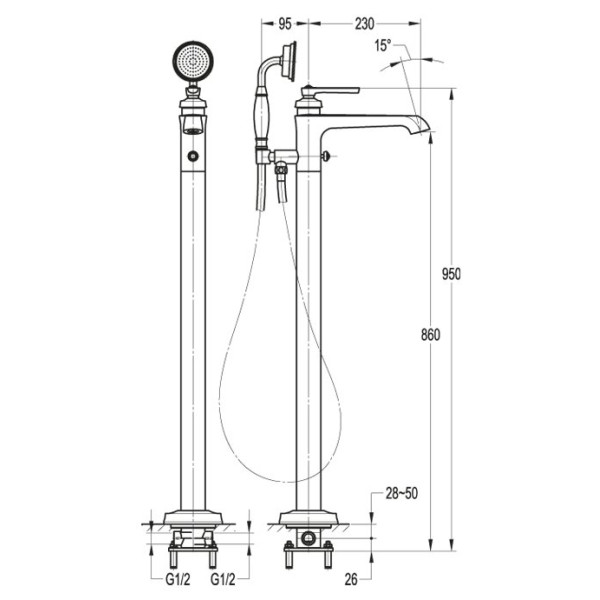 Смеситель напольный Cezares Liberty с душевым комплектом, хром (LIBERTY-F-VDP-01)