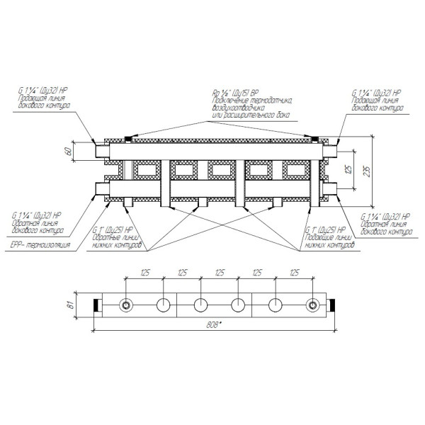 Коллектор модульный Gidruss MKSS-100-3.EPP (до 100 кВт, 2 магистрали G 1 1/4", 2 контура G 1", EPP-термоизоляция, 4D-кронштейны K.UMS, нерж ст.)