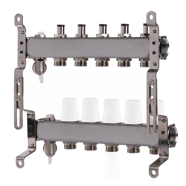 Коллекторная группа 5 отводов 1"*3/4"(18) ЕК с регулировочными клапанами Okseler (нерж.ст) с дренажным краном и краном Маевского (Oks00304)