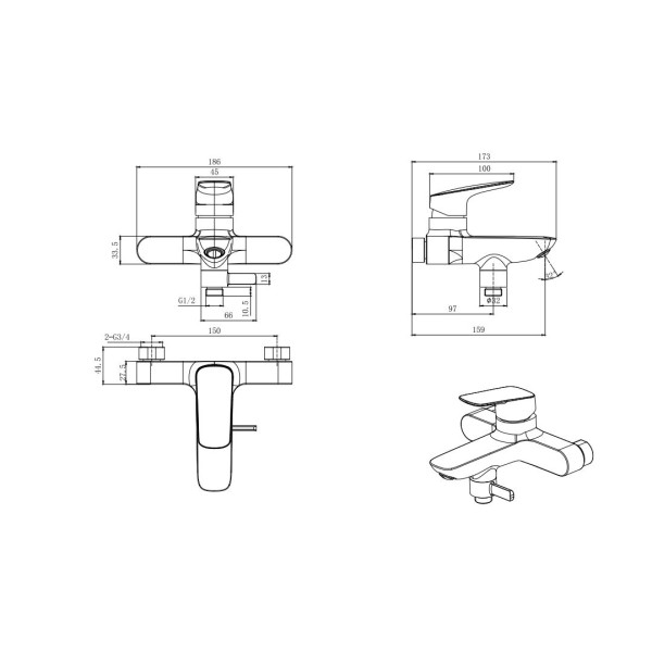 Смеситель для ваны и душа Aquatek Вега оружейная сталь (AQ1040BGM) Смеситель для ваны и душа Aquatek Вега оружейная сталь (AQ1040BGM)