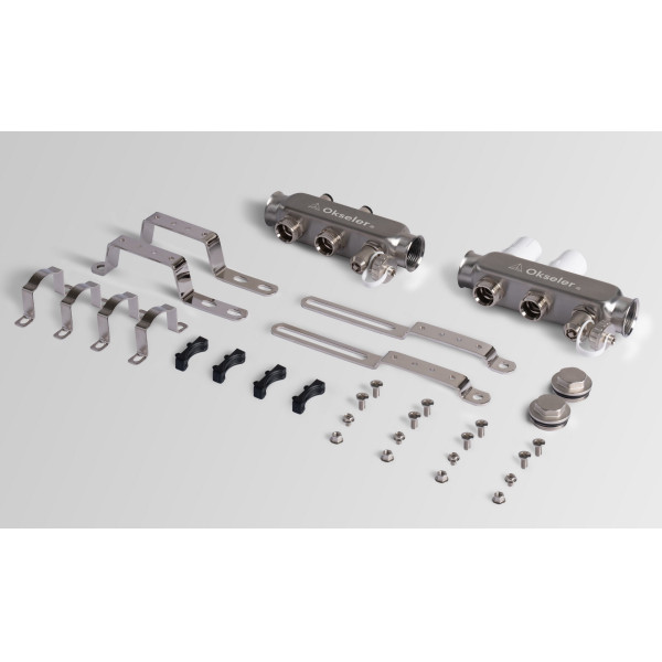 Коллекторная группа 2 отвода 1"*3/4"(18) ЕК с регулировочными клапанами Okseler (нерж.ст) с дренажным краном и краном Маевского (Oks00301)