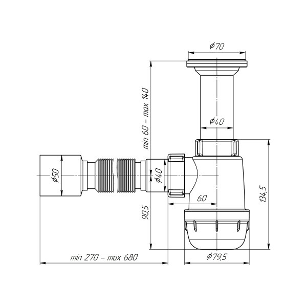 Сифон 40 мм. бутылочный АНИ "Грот" с литым выпуском 1 1/2"*70 мм. с гибкой трубой 40*50 АНИ пласт (A0510)