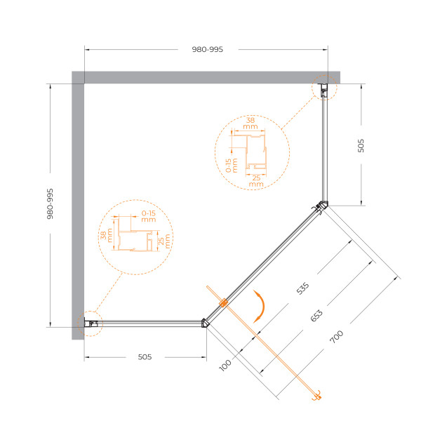 Душевой уголок Cezares ECO 100x100x195 стекло матовое, профиль хром (ECO-O-P-1-100-P-Cr)