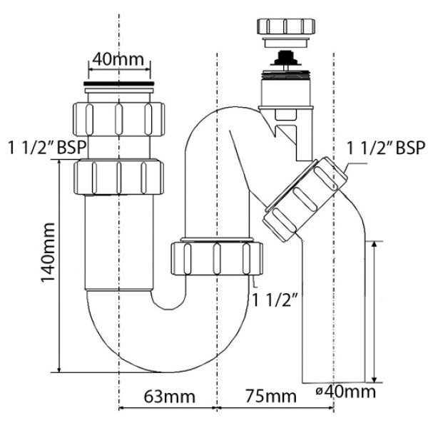 Сифон для раковины McAlpine 1 1/2"*40 мм трубный, с вентиляционным клапаном, с отводной трубой (MRSK12V)