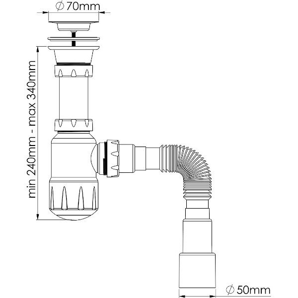 Сифон 40 мм бутылочный Nova с разборным выпуском 1 1/2"х70 мм с гибкой трубой 1 1/2"х40/50 (1051)
