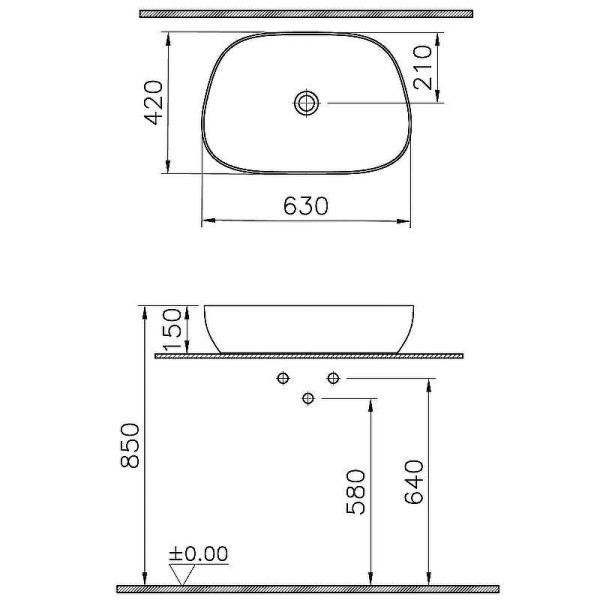 Раковина накладная Vitra Outline Recycled 63x42 без перелива матовый тауп (7993B066-0016)