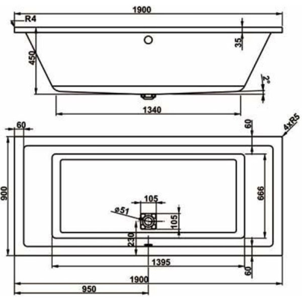 Ванна акриловая VagnerPlast Cavallo 190 190х90х45 (VPBA190CAV2X-04)