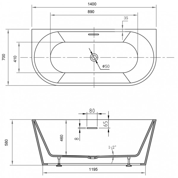 Ванна акриловая Abber 140x70x58 белая (AB9503-1.4)