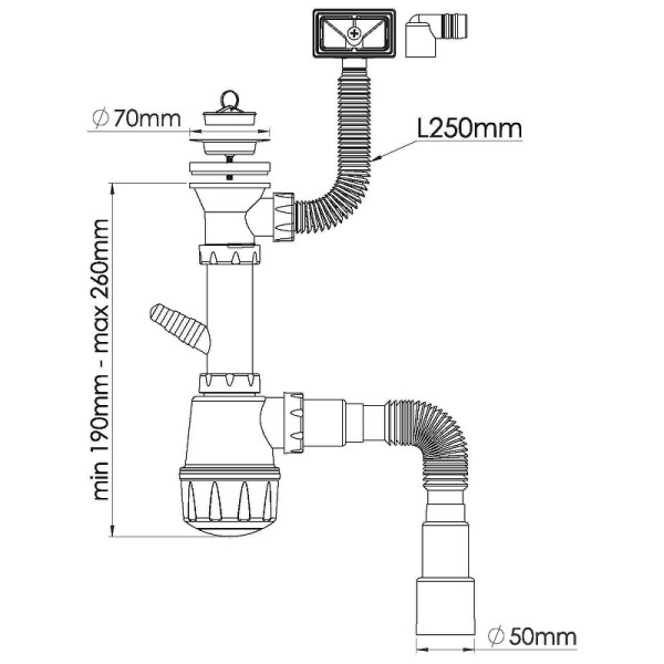 Сифон 40 мм. бутылочный Nova 1 1/2"х70 мм с 1-им отв. и прямоуг. переливом (с гофрой 1 1/2"х40/50) (1036)