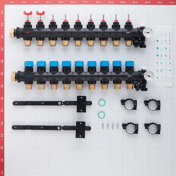 Коллекторная группа 9 отводов 1" с расходомерами и термометрами Henco (композит) (UFH-0605MDK09-03L) Коллекторная группа 9 отводов 1" с расходомерами и термометрами Henco (композит) (UFH-0605MDK09-03L)
