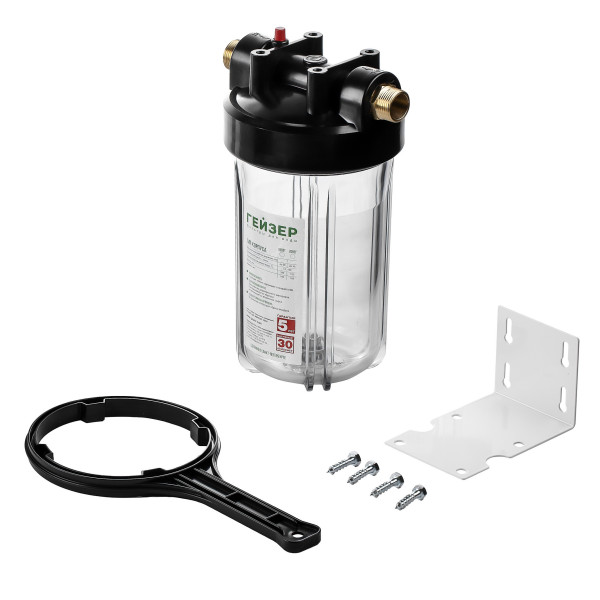 Фильтр колбовый Гейзер 1" 10BB с латунными ниппелями (прозрачный, для холодной воды) (50685)