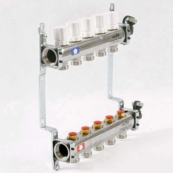 Коллекторная группа Uni-Fitt 5 отводов 1"х3/4" с балансировочными и термостатическими вентилями нерж. сталь