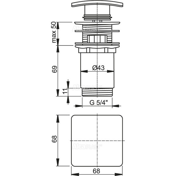 Донный клапан AlcaPlast 32 мм. Quick Clac с переливом (пробка квадрат, металл) (A393)