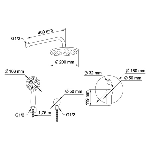 Система душевая Swedbe Platta встраиваемая на 2 выхода хром (5538)