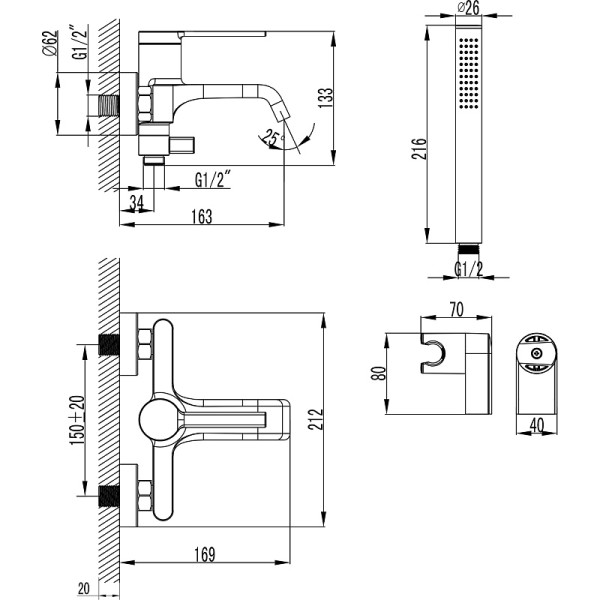 Смеситель для ванны и душа Azario Vincente с душевым комплектом черный (AZ-VRZ2338326PA)