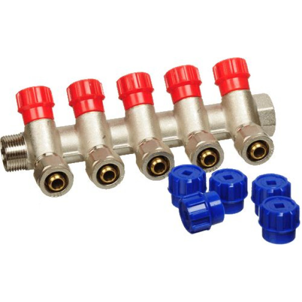 Коллектор 5 отв. регулируемый 3/4"*1/2(16) TeRma (никель, с переходниками) (14165)