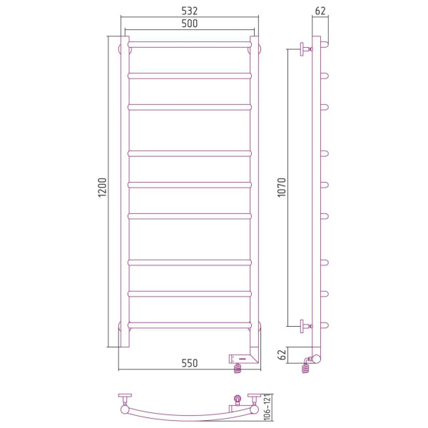 Полотенцесушитель электрический Сунержа Галант 2.0 1200x500 МЭМ правый, хром (00-5201-1250)