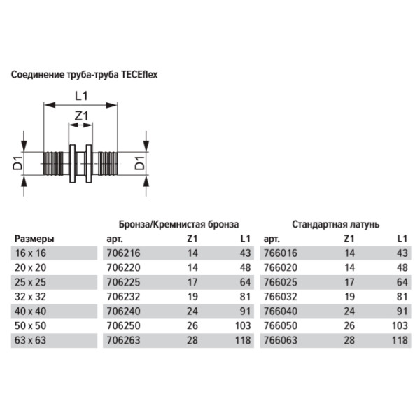 Соединение труба-труба TECEflex 63х63 мм. (латунь) (766063)