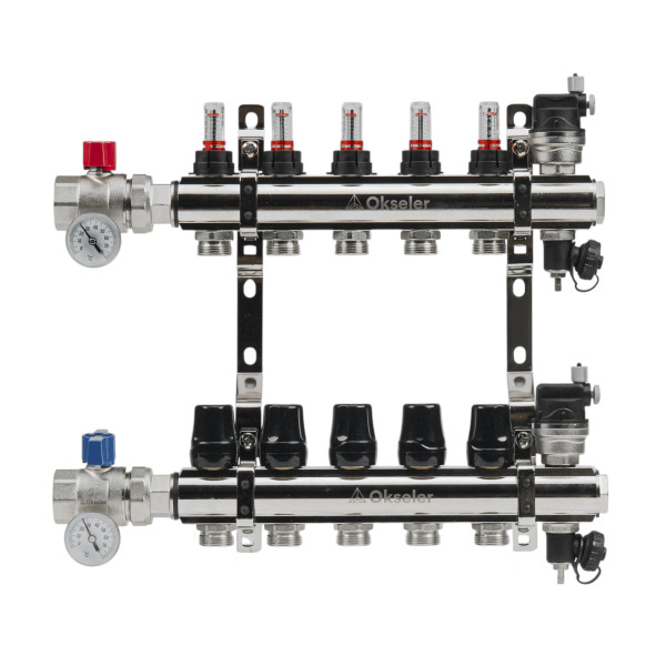 Коллекторная группа 5 отводов 1"*3/4"(18) ЕК с расходомерами Okseler (латунь) с автоматическими воздухоотводчикоми и шаровыми кранами с термометрами (