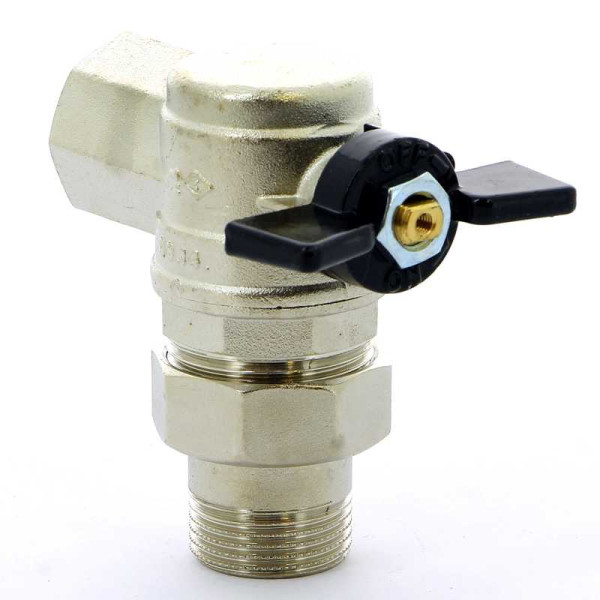 Кран Bugatti угловой 1" шаровый со сгоном Oregon 594 (черная бабочка) (05940009)